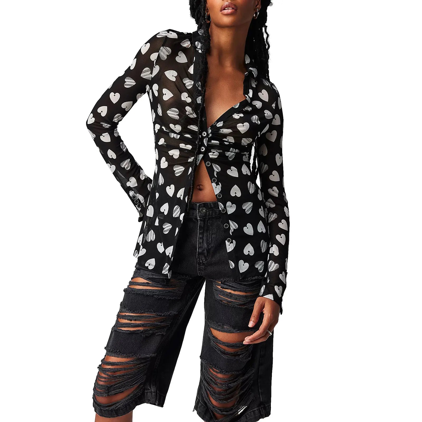 Y2k Women Retro Floral Print Shirts V Neck Long Sleeve Ruched Blouses Button Down Slim Fit Crop Tops Fairy Grunge Streetwear