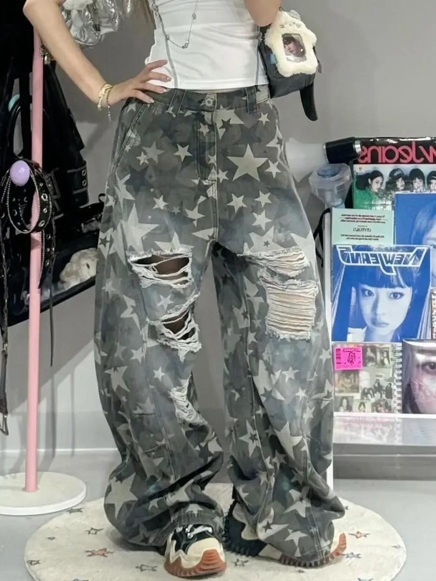 Women's Star Hole American Y2k Washed Distressed Jeans Retro Camouflage Oversized Trend Street Loose Slimming Wide Leg Pants