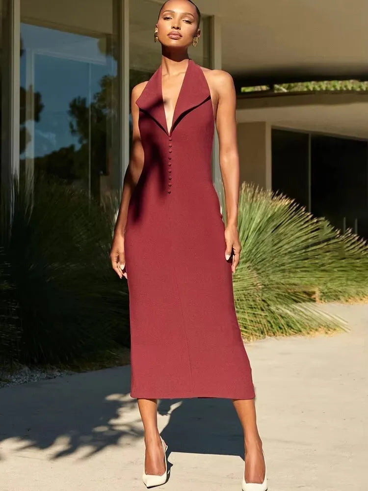 Mozision Halter Deep V Neck Sleeveless Sexy Maxi Dress For Women Elegant Backless Bodycon Tank Dress Femme Fashion Long Dress