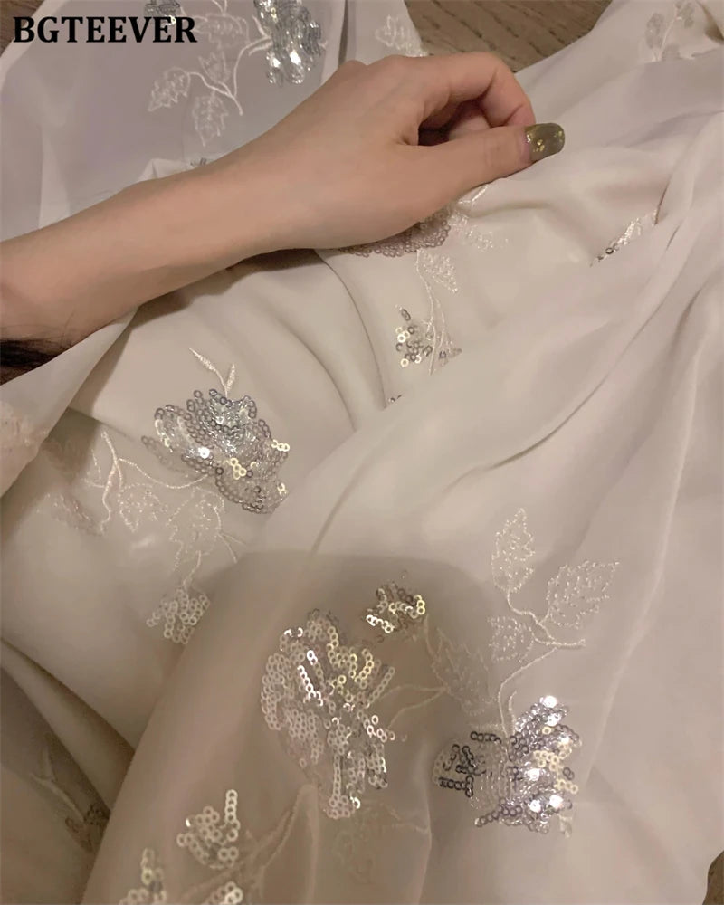 BGTEEVER Autumn Winte Slim OL Embroidery Set Long Sleeve Cardigans & Spaghetti Strap Package Hip Dress Ladies 2 Pieces Set