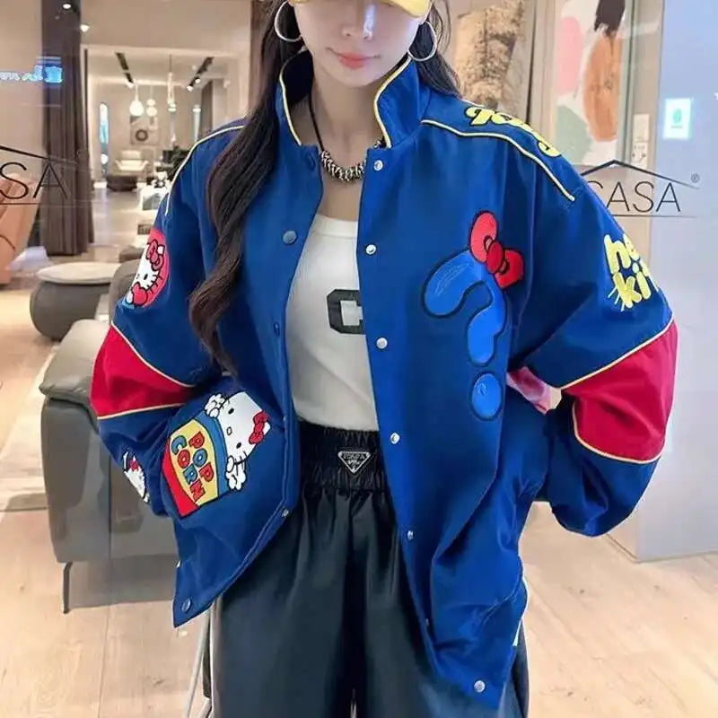 Cartoon Hellokitty Y2k Baseball Jacket Button American Retro Coats Embroidery KT Cat Harajuku Jacket Women Oversized Coat