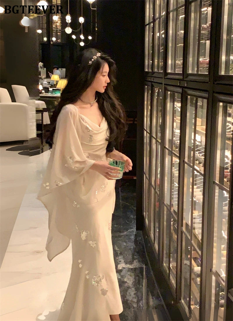 BGTEEVER Autumn Winte Slim OL Embroidery Set Long Sleeve Cardigans & Spaghetti Strap Package Hip Dress Ladies 2 Pieces Set