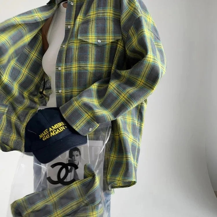 Retro Style Women's Loose Shirt Spring Autumn Plaid Fashion Versatile Casual Button up Cotton Polyester Blend Chinese Origin