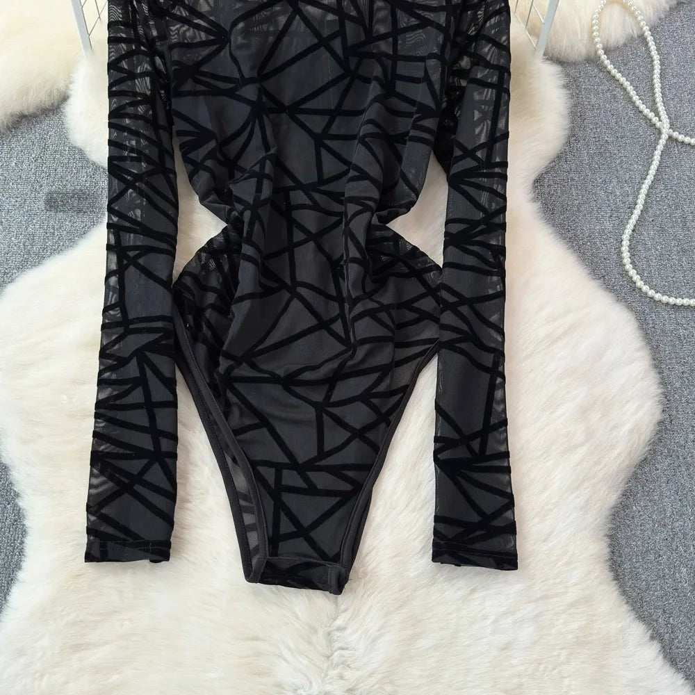 Foamlina Sexy Hollow Out Mesh Bodysuits for Women Fashion Striped Print Stand Collar Long Sleeve Slim Fit Club Party Jumpsuits