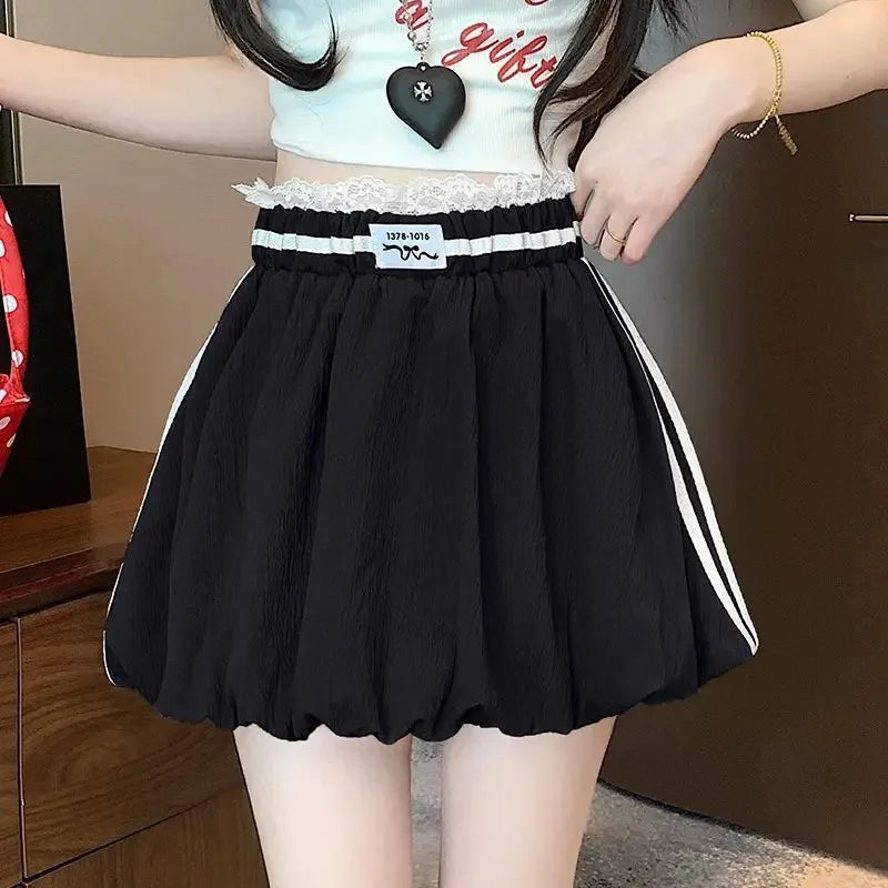 American Style Spliced Lace Stripe High Waist Half Skirt Women Summer Anti Exposure Flower Bud Puffy Short Skirt Polyester Fiber