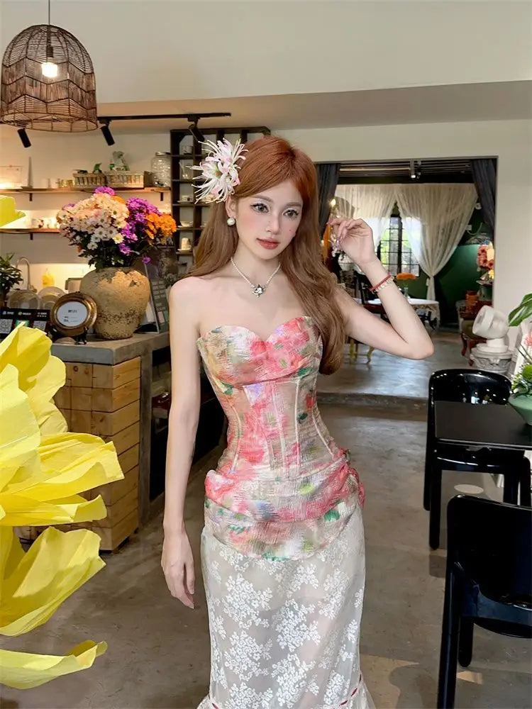 Summer Women Two Piece Set Floral Corset Top and Lace Midi Skirt Elegant Mesh Outfit Slim Fit Vintage French Style Beach Suit