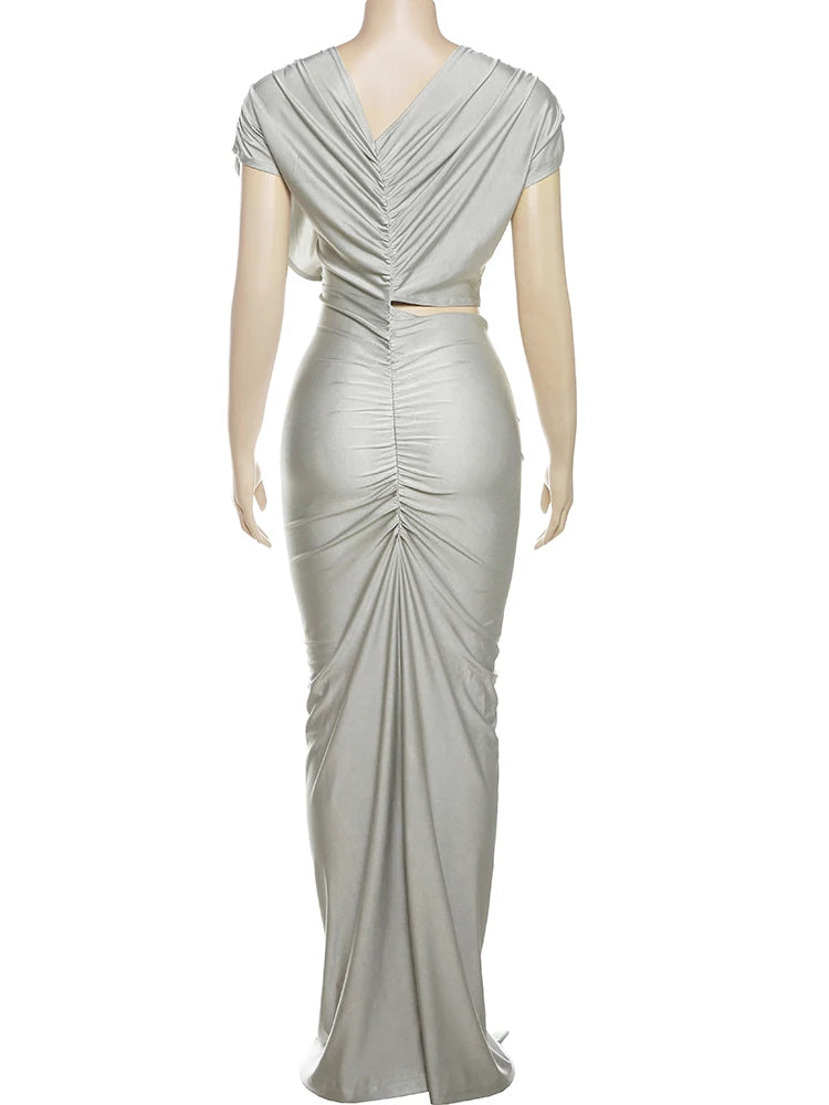 Weird Puss Irregular Hollow Dress Women Ruched Diagonal Collar Shorts Sleeve Waistless Slits Street Trend Elegant Long Bodycon