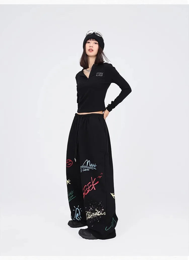 CBXLAB Street Dance Women' s Black color graffiti hip hop long pants autumn and winter street jazz soft and firm dancing sports