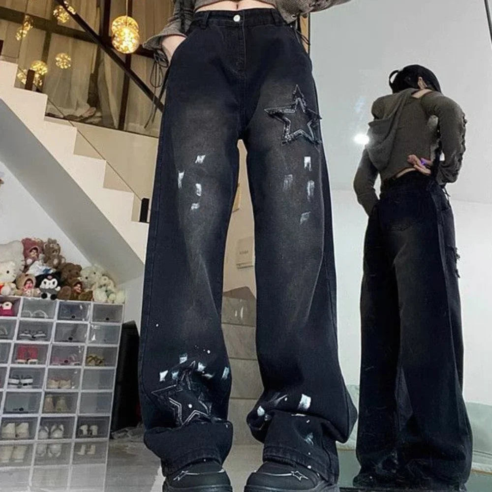 With Pockets Black Trousers Star Straight Leg Pants for Women High Waist Shot Womens Jeans Trend 2024 Pant Loosefit Grunge Y2k Z