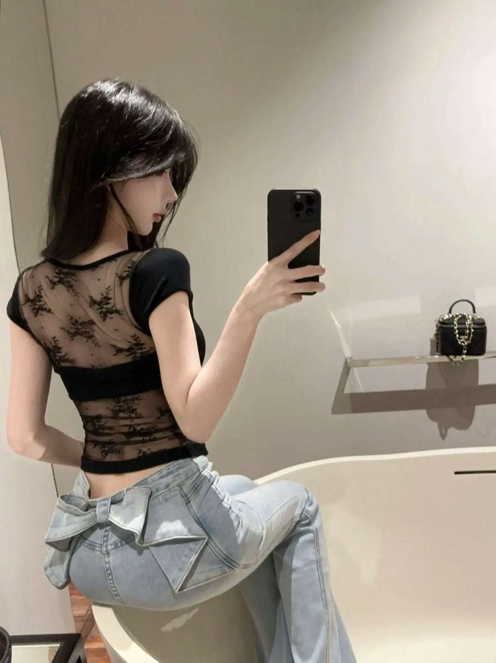 U-neck Short-sleeve T-shirt for Women Summer Slim-fit Sexy Sheer Mesh Fashionable Versatile Cropped Top