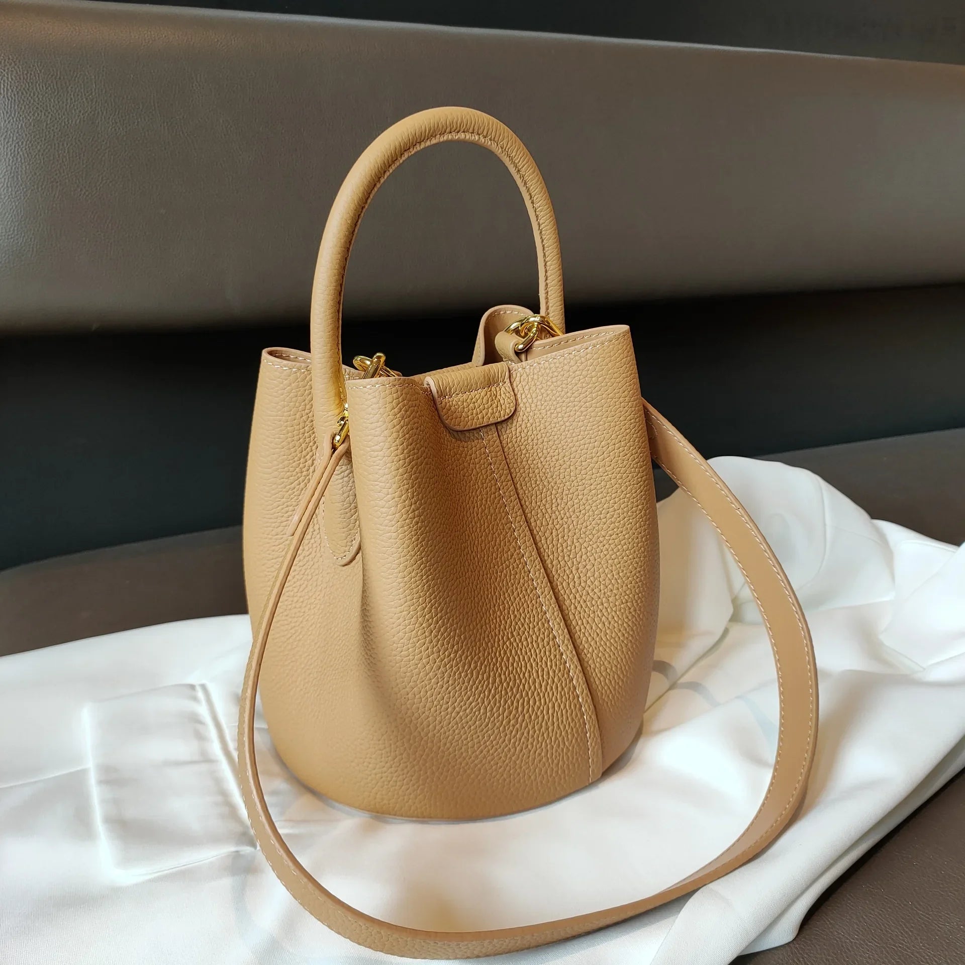 Noble Lavender Purple Round Bucket Tote Small Elegant Cowhide Leather Women's Shoulder Crossbody Bag Fashion Ladies Hand Bag