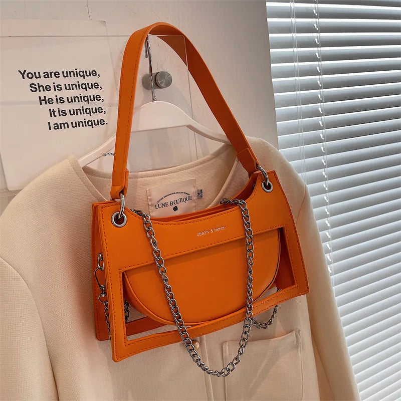 Hollow Out Design Women Underarm Bags Solid Colour Zipper Casual Female Handbags Simple Trend Chain Ladies Trapeze Bags