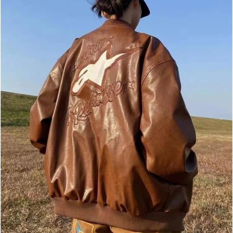American retro letter embroidery leather Jacket Coat women's Y2K street hip-hop trend baseball suit couple casual leather jacket