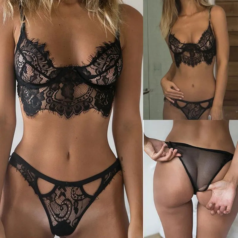 Women's Sexy Lace Underwear Set Ladies Hollow Out Lingerie Black Bodysuit See-through Brassiere Panties Mini Babydoll Bra Thong