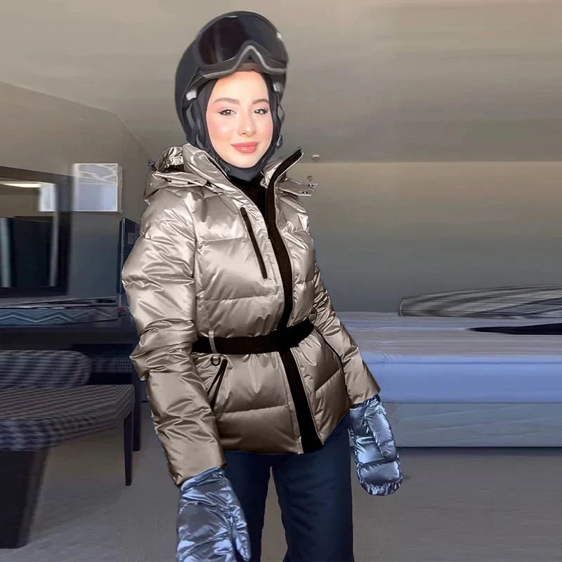 Fashion Hooded Padded Coats With Belt Women Slim Stand Collar Full Sleeve Pocket Coat Winter Lady Thicken Warm Skiing Jacket