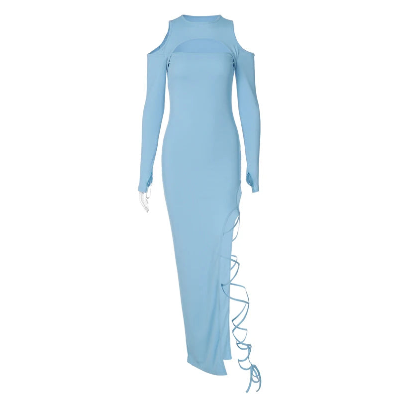 Hugcitar Long Sleeve Solid Hollow Out Slit Lace Up Elegant Sexy Bodycon Maxi Prom Dress 2023 Fall Women Birthday Party Outfit "