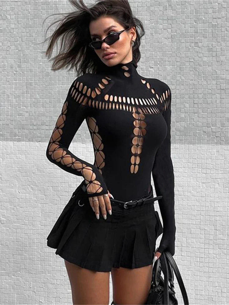 nibber Hollow Out Women Bodysuit Criss-Cross Full Sleeve Autumn Trend Skinny Sexy Solid Rave Party Club Streetwear Y2K Outfit