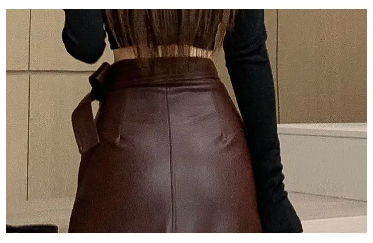 Women Clothing Autumn Winter Vintage Elegant Lace-up PU Leather Long Skirts Female Red High Waist Slim A-line Maxi Skirt Faldas