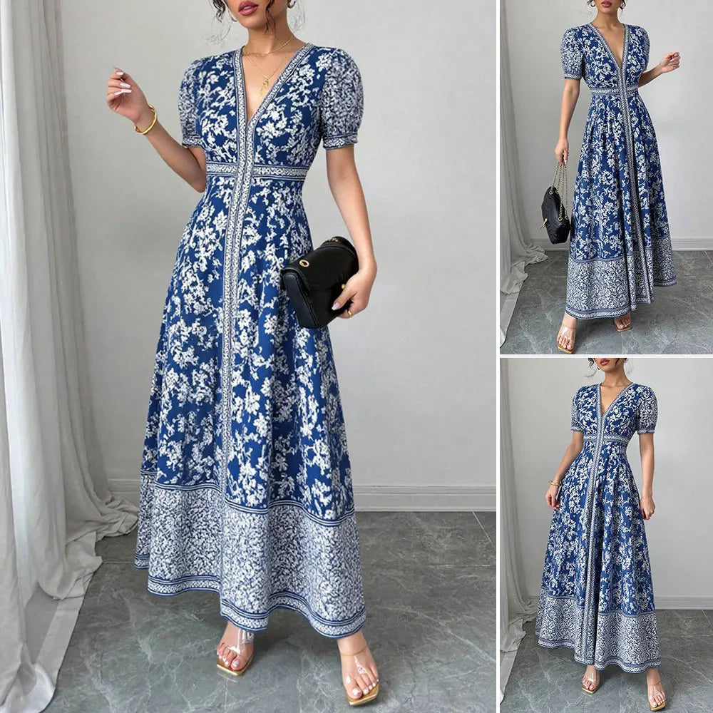 Rafiah Boutique Women's Even Dress 2025 Summer Modest Fashion Short Puff Sleeve V-Neck Chinese Style Graphic Printing Long Dress