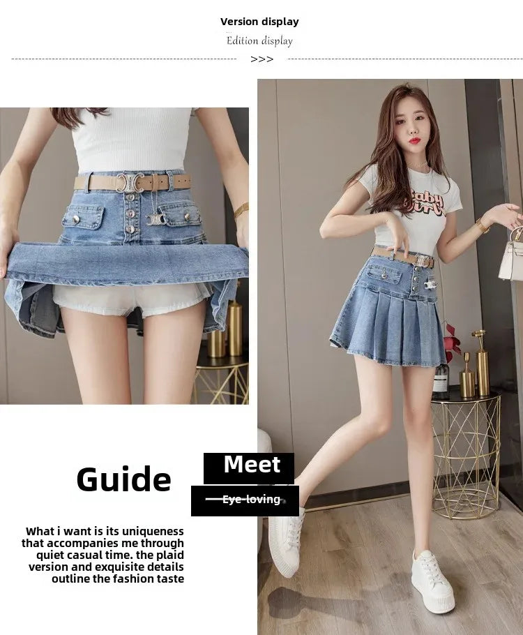 High-Waisted Denim Skirt Women's Slimming Mini Dress 2024 Spring Summer European Style Half Skirt Age-Reducing Fashionable Pleat