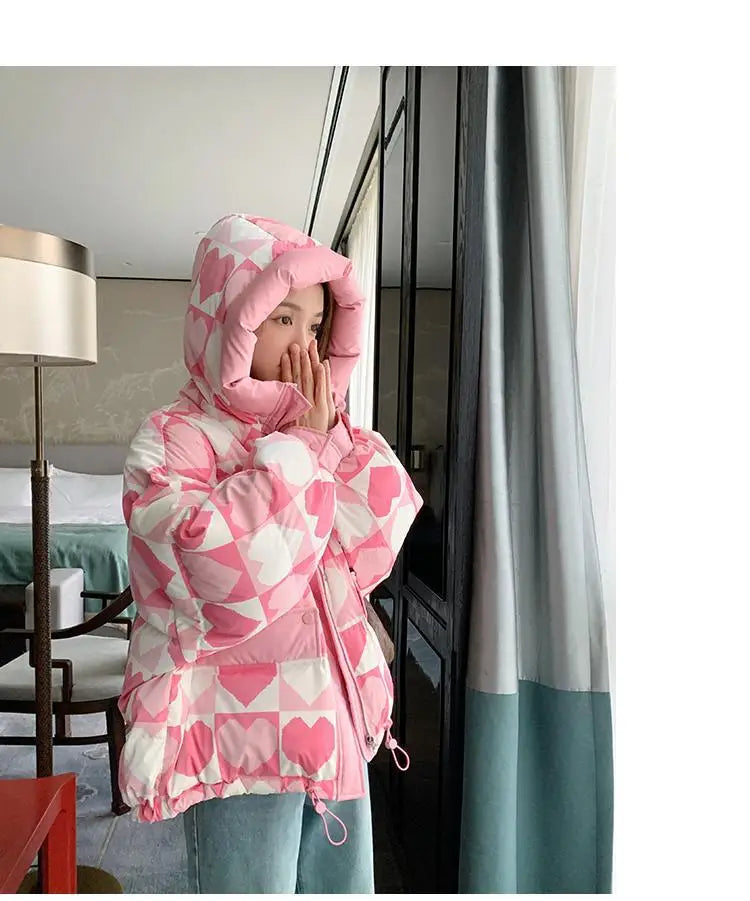 Duck Down Coat for Women, Loose and Thicken Hooded Parkas, Printed Outerwear, Female Bread Jackets, Winter Clothing, New, 2024