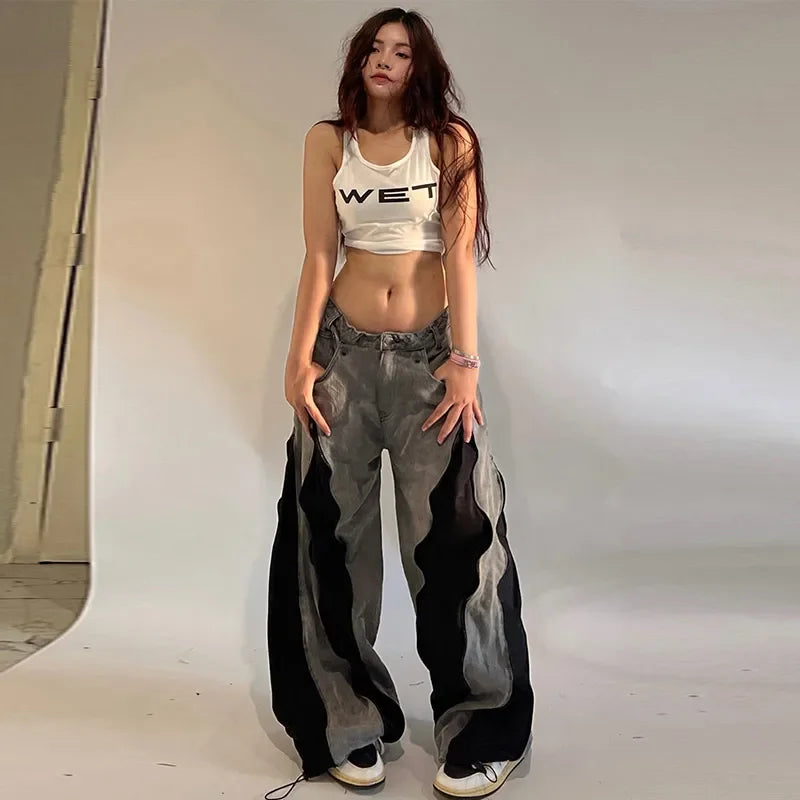 Women's Hip Hop Two-tone Patchwork Low Rise Zipper Denim Pants Baggy Wide Leg Dragging Designer Trousers High Street Jeans Pants