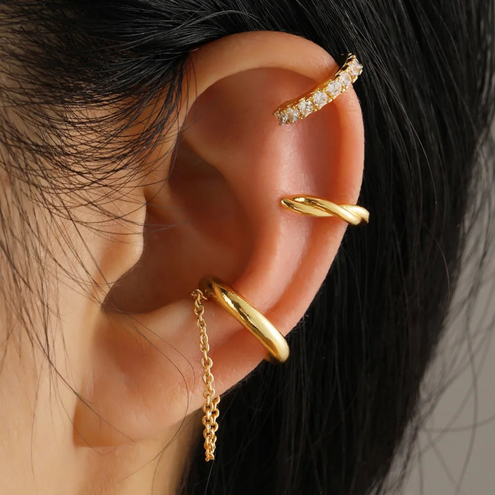 3PCS Vintage Simple Metal Crystal Ear Cuff for Women Teens Gold Color Non Piercing Fake Cartilage Clip Earrings Set Jewelry Gift