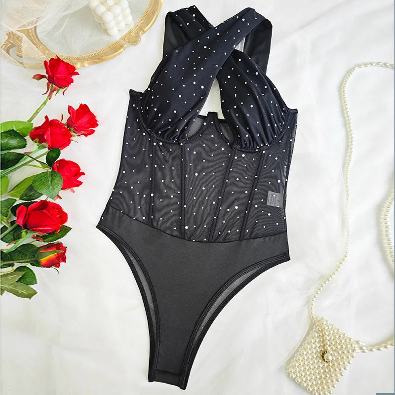 Sexy Black Cut Out Cross Wide Strap Bodysuit Women Lace Patchwork Body Suit Tops