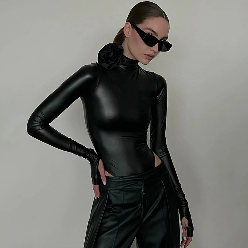 Hugcitar Fashion Pu Leather Black Turtleneck Tie Flower Long Sleeve Buttons Sexy Bodycon Bodysuit Women Party Overalls Romper