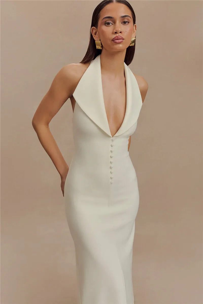 Mozision Halter Deep V Neck Sleeveless Sexy Maxi Dress For Women Elegant Backless Bodycon Tank Dress Femme Fashion Long Dress