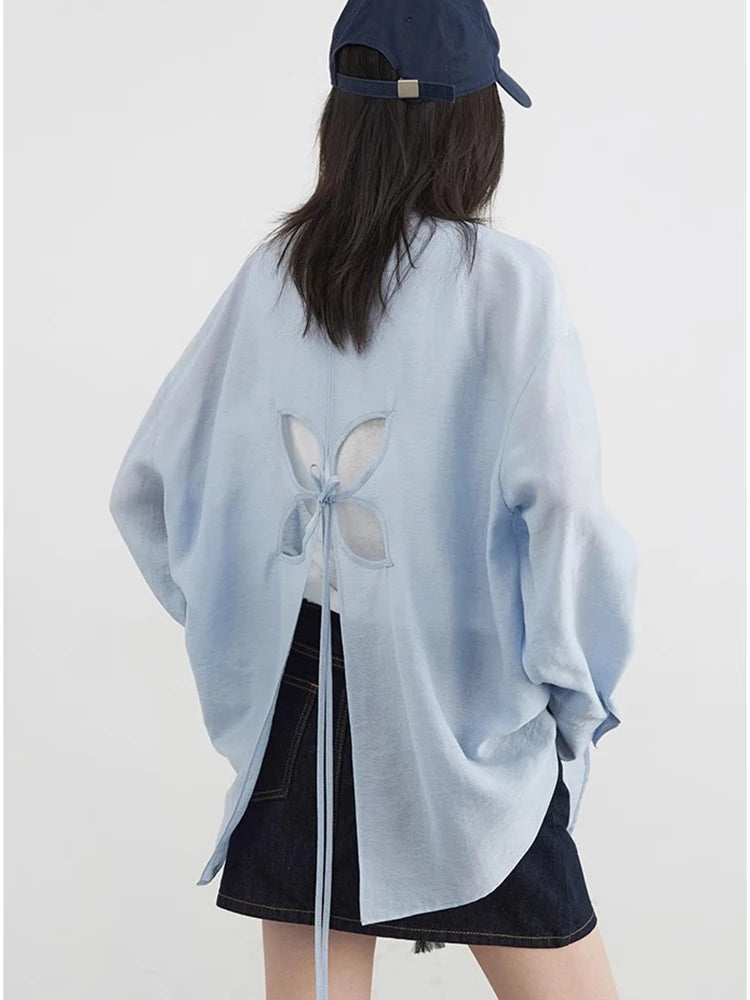 CHIC VEN Women Long Sleeve Shirts Solid Loose Casual New Style Design Back Hollow Out Shirt Female Blouse Spring Summer 2025