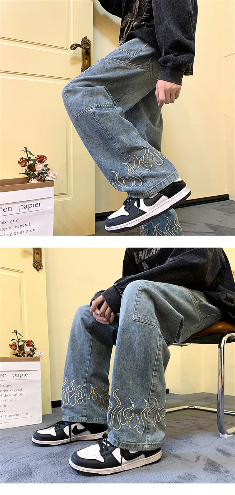 Y2K Vintage Flame Printed Jeans For Men Baggy Streetwear Wide Leg Denim Trousers 2024 New Hip Hop Fashion Straight Pantalones