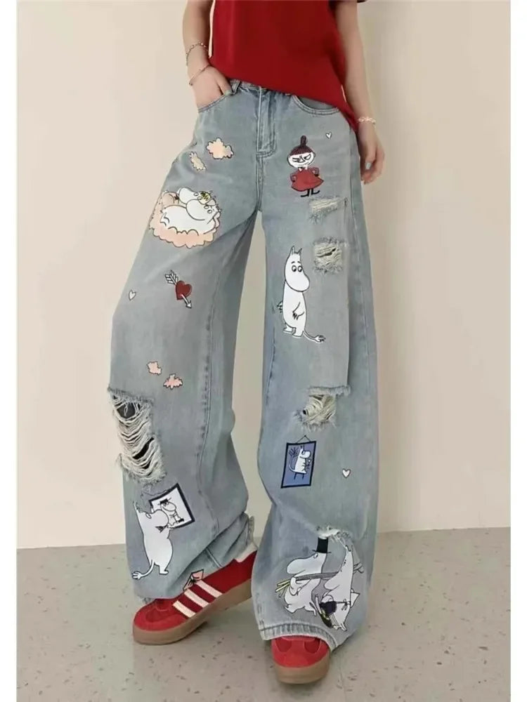 Women's Casual Sweet Ripped Harajuku Loose Fit Jeans Vintage Y2K Damage Emo Cartoon Print Pants Trashy Kpop Denim Trouser