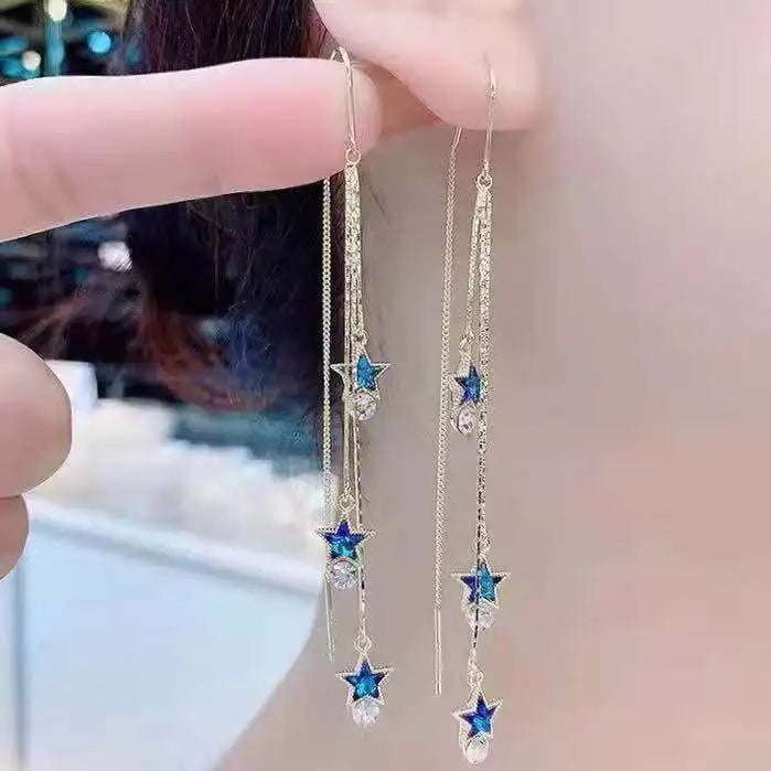 New Blue Heart Shaped Zircon Earrings For Women Light Luxury Long Tassel Ear Wire Dangle Earring Ladies Wedding Party Jewelry