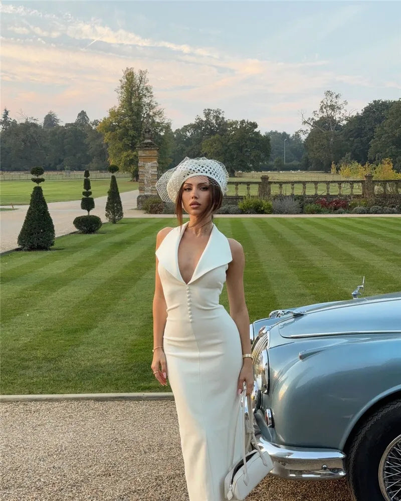 Mozision Halter Deep V Neck Sleeveless Sexy Maxi Dress For Women Elegant Backless Bodycon Tank Dress Femme Fashion Long Dress