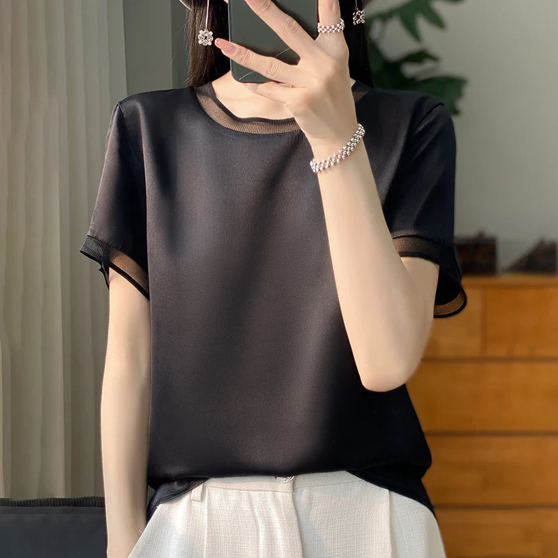 Oversize New Arrival T-Shirt Silky Satin Surface Women's Tees Short ONeck Tank Top Casual Slim Solid Lady Clothes Fashion Trends
