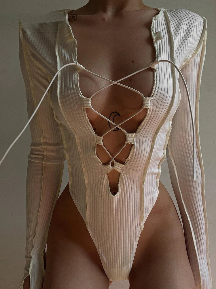 2023 Ribbed Knitted Long Sleeve Tie Up Sexy Bodysuit Bandage Patchwork Bodycon Club Party Body Women Outfit High Waist Top