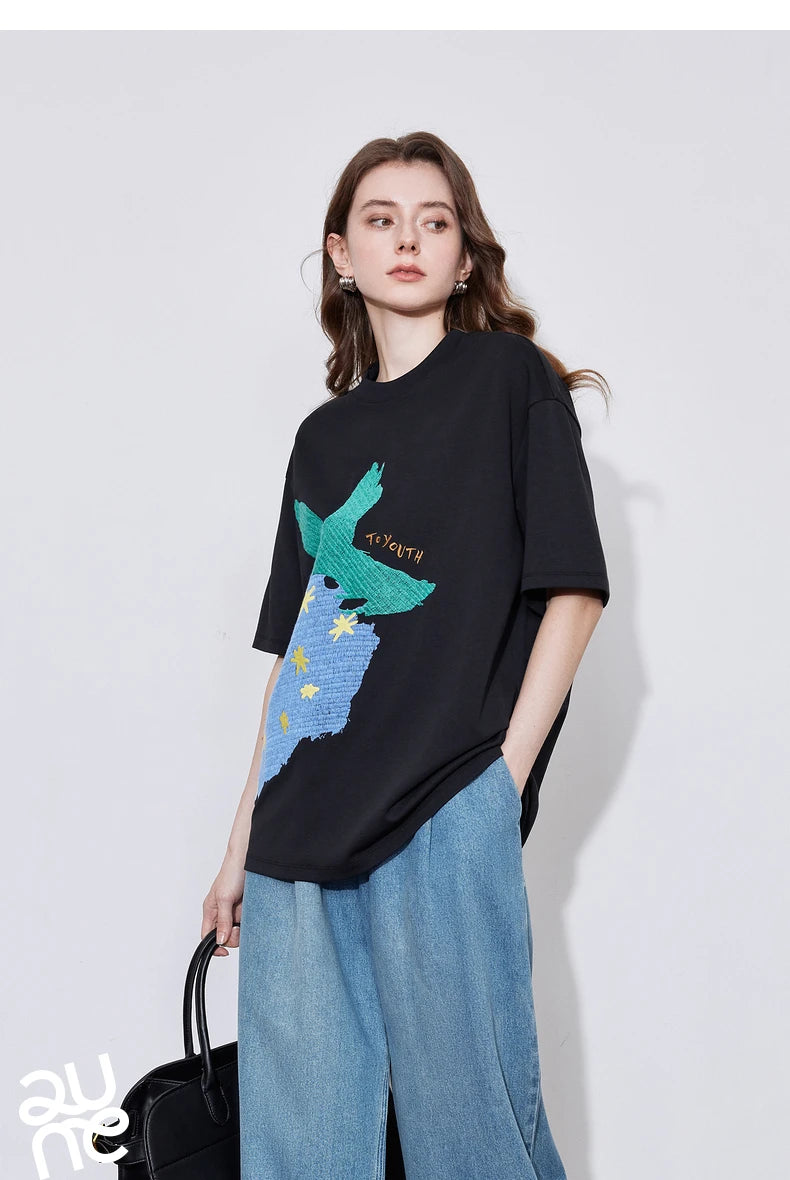 TOYOUTH Women Short Sleeve T-shirt 2025 Spring New Striped Strawberry Embroidered Round Neck Loose Pullover Tops