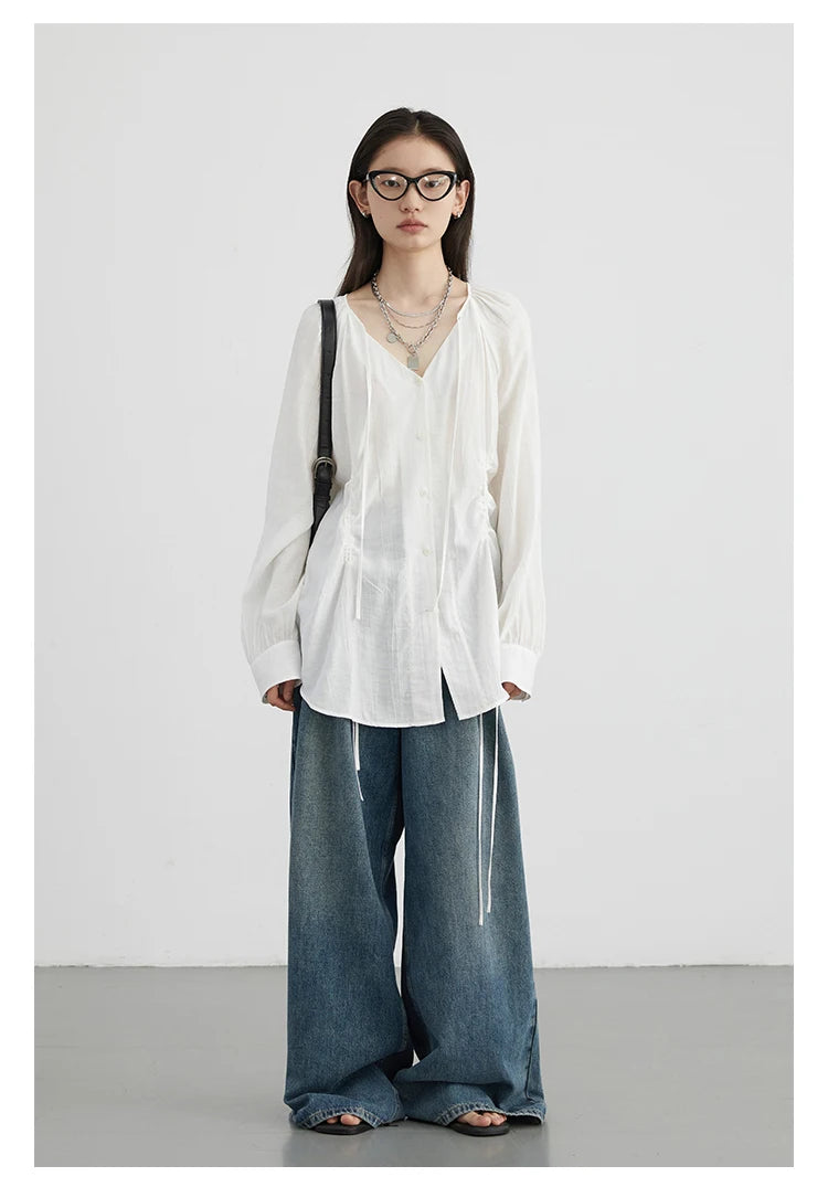 CHIC VEN Women Loose Lace Up Shirt Solid New Korean V-neck Pleated Raglan Long Sleeved Blouses Female Tops Spring Summer 2025