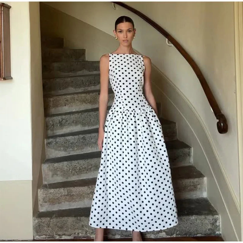 Elegant Women Polka Dot Maxi Dresses Chic Sleeveless Round Neck High Waist Slim Long Vestidos 2025 Lady Party Street New Dress