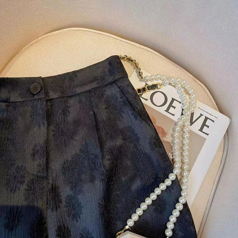 Vintage Jacquard Shorts Women Black Chic Harajuku High Waist Casual Straight Shorts Summer Elegant Pleated A Line Shorts New Ins