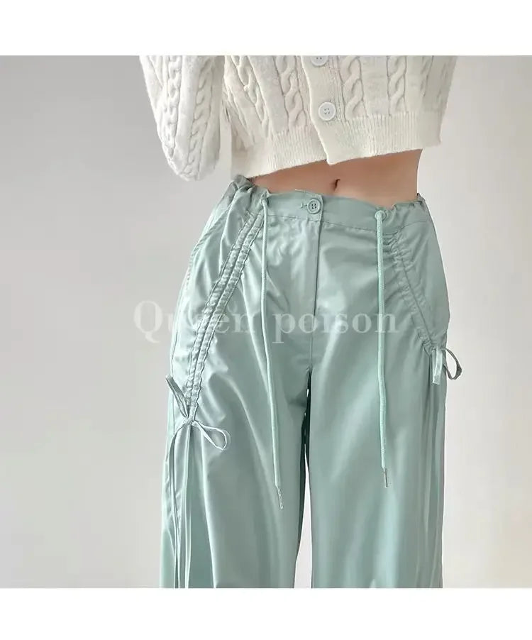 American Style Women's Summer Cargo Pants With Bowmint Green Drawstring Casual Bell Bottoms New 2024 Fashion Trend Long Pants