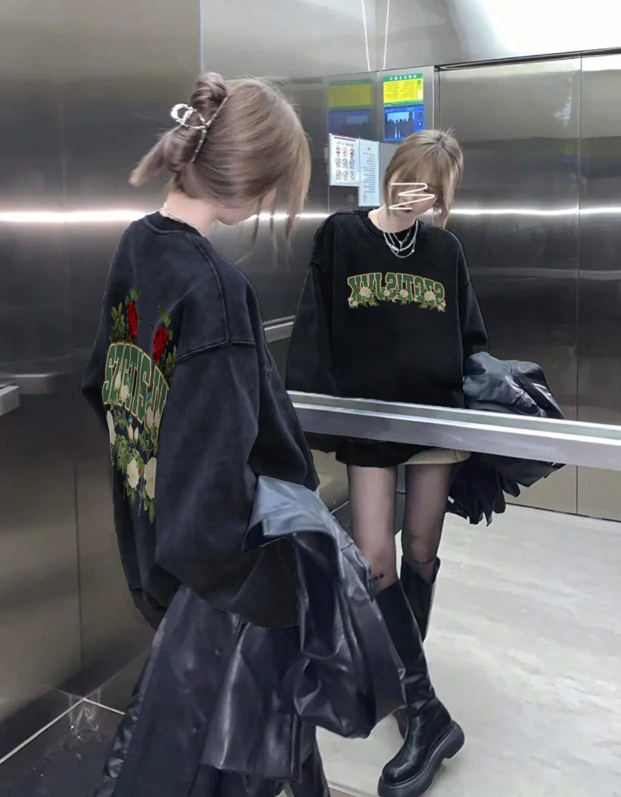 Design Sensation Rose Print Fce Lined Long Sve Women's Hoodie Street Sle Hip Hop Trendy Autumn Winter Top