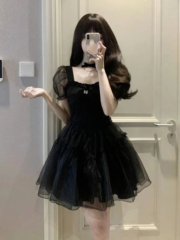 2023 Summer New Black Yarn Dress Fluffy Small Short Square Neck Spicy Girl Sweet Style Small Puff Sleeve Sexy Lovely Short FO30