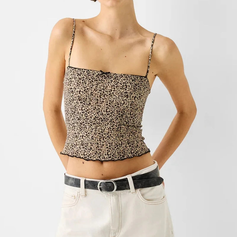 Vintage Leopard Print Square Neck Backless Crop Tops Spaghetti Strap Lounge Vest for Summer Women's Slim Fit Cute Bow Camisole