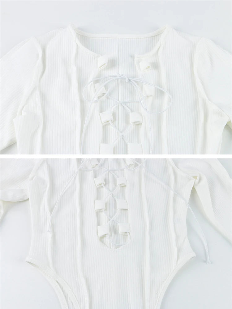 2023 Ribbed Knitted Long Sleeve Tie Up Sexy Bodysuit Bandage Patchwork Bodycon Club Party Body Women Outfit High Waist Top