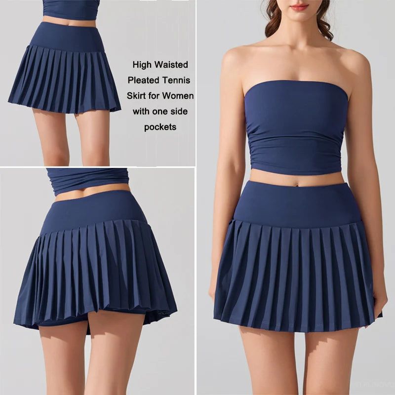 VITALINOVO Pleated Tennis Skirt for Women with Pocket Shorts Women's High Waisted Lightweight Athletic Golf Skorts Skirts Flowy