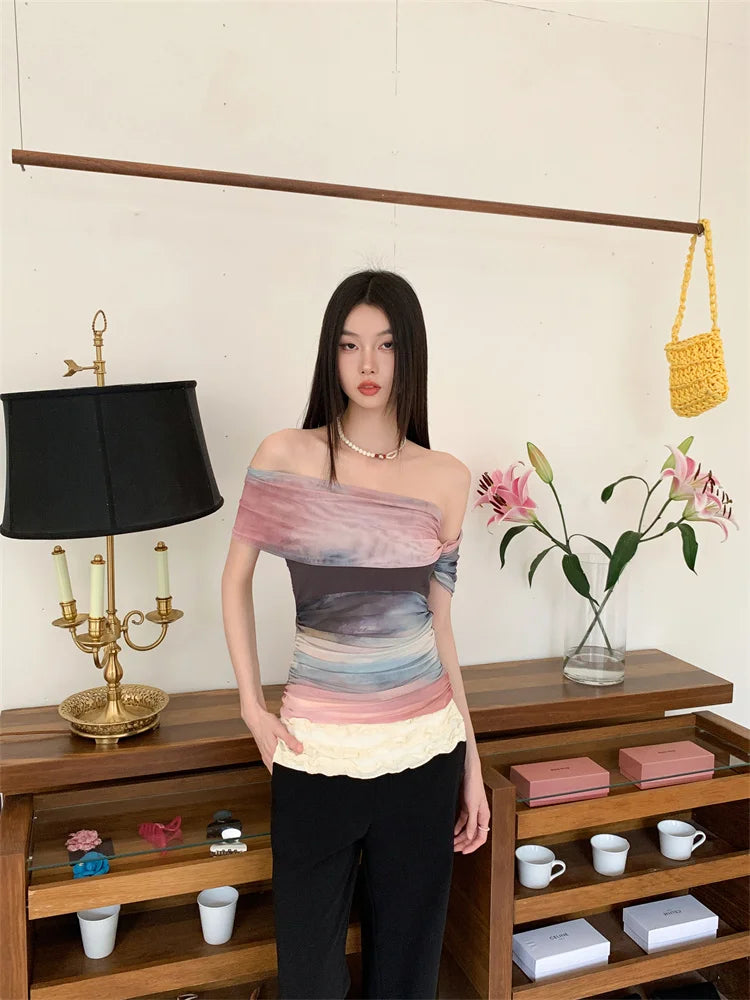 CHEERART Tie Dye Off The Shoulder Mesh Top For Women One Shoulder Designer Crop Top Fashion T Shirt Summer 2025 Clothing