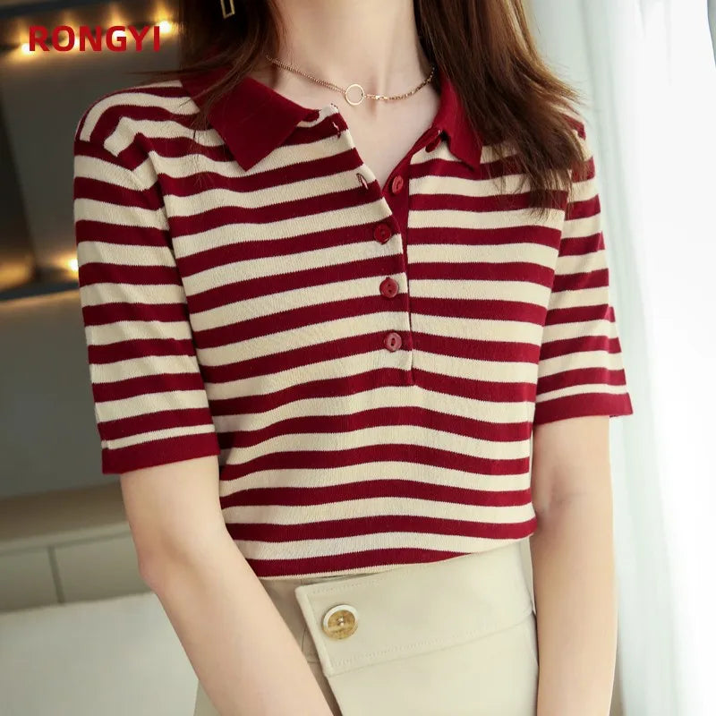 RONGYI 100% Cotton Women's Spring And Summer New Polo Neck Knitted Pullover With Stripes And Thin Short Sleeve T-Shirt Loose Top