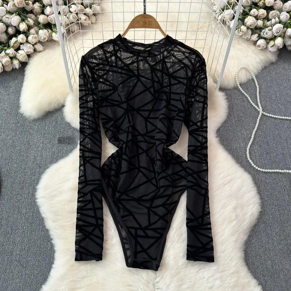 Foamlina Sexy Hollow Out Mesh Bodysuits for Women Fashion Striped Print Stand Collar Long Sleeve Slim Fit Club Party Jumpsuits
